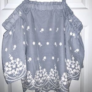 Blue Striped Eyelet Off the Shoulder Top